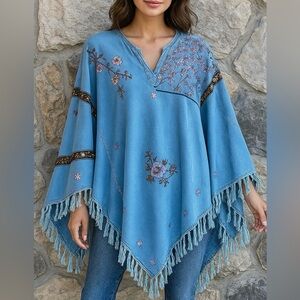 Soho Compagnie Bohemian Embroidered Poncho One Size Chambray Hippie Folk Artisan